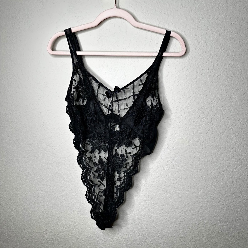 VTG Gold Label Victorias Secret Black Lace High Cut Bodysuit M Made in USA